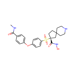 CNC(=O)c1ccc(Oc2ccc(S(=O)(=O)[C@]3(C(=O)NO)CCC4(CCNCC4)C3)cc2)cc1 ZINC000211183418