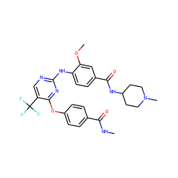 CNC(=O)c1ccc(Oc2nc(Nc3ccc(C(=O)NC4CCN(C)CC4)cc3OC)ncc2C(F)(F)F)cc1 ZINC000148451927
