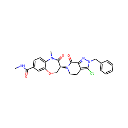 CNC(=O)c1ccc2c(c1)OC[C@H](N1CCc3c(nn(Cc4ccccc4)c3Cl)C1=O)C(=O)N2C ZINC001772615907