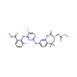 CNC(=O)c1cccc(F)c1Nc1nc(Nc2ccc3c(c2)NC(=O)[C@H](NC(=O)OC)CC3(C)C)ncc1Cl ZINC000073195759