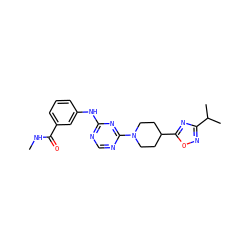 CNC(=O)c1cccc(Nc2ncnc(N3CCC(c4nc(C(C)C)no4)CC3)n2)c1 ZINC001772617649