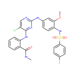 CNC(=O)c1ccccc1Nc1nc(Nc2ccc(NS(=O)(=O)c3ccc(F)cc3)c(OC)c2)ncc1Cl ZINC001772632691
