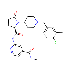 CNC(=O)c1ccnc(NC(=O)[C@H]2CCC(=O)N2C2CCN(Cc3ccc(Cl)c(C)c3)CC2)c1 ZINC000116815898
