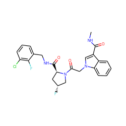 CNC(=O)c1cn(CC(=O)N2C[C@H](F)C[C@H]2C(=O)NCc2cccc(Cl)c2F)c2ccccc12 ZINC000143888249
