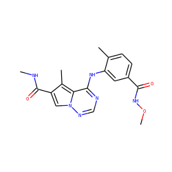 CNC(=O)c1cn2ncnc(Nc3cc(C(=O)NOC)ccc3C)c2c1C ZINC000014974218