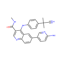 CNC(=O)c1cnc2ccc(-c3ccc(N)nc3)cc2c1Nc1ccc(C(C)(C)C#N)cc1 ZINC000653755625
