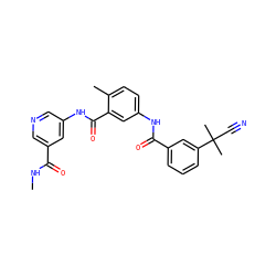 CNC(=O)c1cncc(NC(=O)c2cc(NC(=O)c3cccc(C(C)(C)C#N)c3)ccc2C)c1 ZINC000040916575