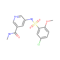 CNC(=O)c1cncc(NS(=O)(=O)c2cc(Cl)ccc2OC)c1 ZINC000220901218