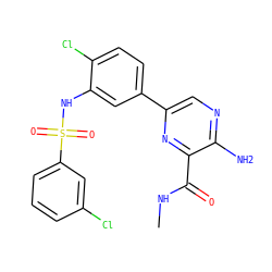 CNC(=O)c1nc(-c2ccc(Cl)c(NS(=O)(=O)c3cccc(Cl)c3)c2)cnc1N ZINC000095572988