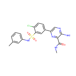 CNC(=O)c1nc(-c2ccc(Cl)c(S(=O)(=O)Nc3cccc(C)c3)c2)cnc1N ZINC000095572462