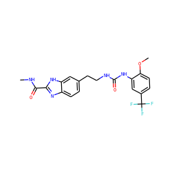 CNC(=O)c1nc2ccc(CCNC(=O)Nc3cc(C(F)(F)F)ccc3OC)cc2[nH]1 ZINC000071329651