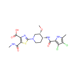CNC(=O)c1sc(N2CC[C@@H](NC(=O)c3[nH]c(C)c(Cl)c3Cl)[C@@H](OC)C2)nc1C(=O)O ZINC000299833181