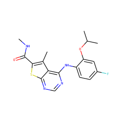 CNC(=O)c1sc2ncnc(Nc3ccc(F)cc3OC(C)C)c2c1C ZINC000473160743