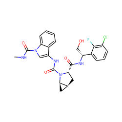 CNC(=O)n1cc(NC(=O)N2[C@H](C(=O)N[C@H](CO)c3cccc(Cl)c3F)C[C@H]3C[C@H]32)c2ccccc21 ZINC000473159016