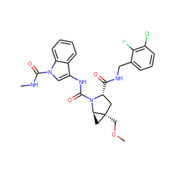 CNC(=O)n1cc(NC(=O)N2[C@H](C(=O)NCc3cccc(Cl)c3F)C[C@@]3(COC)C[C@@H]23)c2ccccc21 ZINC000143914629
