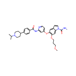 CNC(=O)n1ccc2cc(Oc3ccnc(NC(=O)c4ccc(C5CCN(C(C)C)CC5)cc4)c3)c(OCCCOC)cc21 ZINC000169711617