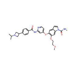 CNC(=O)n1ccc2cc(Oc3ccnc(NC(=O)c4ccc(C5CN(C(C)C)C5)cc4)c3)c(OCCOC)cc21 ZINC000169711580