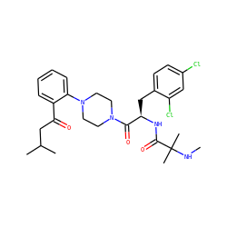 CNC(C)(C)C(=O)N[C@H](Cc1ccc(Cl)cc1Cl)C(=O)N1CCN(c2ccccc2C(=O)CC(C)C)CC1 ZINC000044406806