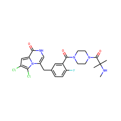 CNC(C)(C)C(=O)N1CCN(C(=O)c2cc(Cc3c[nH]c(=O)c4cc(Cl)c(Cl)n34)ccc2F)CC1 ZINC000045336051