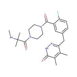 CNC(C)(C)C(=O)N1CCN(C(=O)c2cc(Cc3n[nH]c(=O)c(C)c3C)ccc2F)CC1 ZINC000045368478