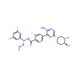 CNC[C@@H](NC(=O)c1ccc(-c2nc([C@H]3CC[C@H](O)[C@@H](F)C3)cnc2N)cc1F)c1cc(F)cc(I)c1 ZINC001772624325