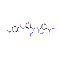 CNC[C@@H](Nc1ncnc2c(C(N)=O)cccc12)c1cccc(NC(=O)c2ccc(OC)cc2F)c1 ZINC000114344641