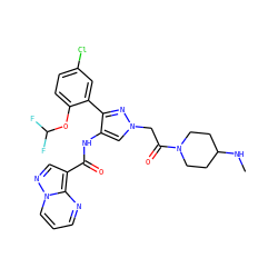 CNC1CCN(C(=O)Cn2cc(NC(=O)c3cnn4cccnc34)c(-c3cc(Cl)ccc3OC(F)F)n2)CC1 ZINC001772657411