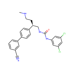CNCC[C@@H](CNC(=O)Nc1cc(Cl)cc(Cl)c1)c1ccc(-c2cccc(C#N)c2)cc1 ZINC000028118606