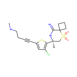 CNCCC#Cc1cc(Cl)c([C@]2(C)CS(=O)(=O)C3(CCC3)C(=N)N2)s1 ZINC001772641472
