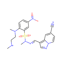CNCCN(C)c1ccc([N+](=O)[O-])cc1S(=O)(=O)N(C)/N=C/c1cnn2ccc(C#N)cc12 ZINC000147819956