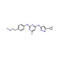 CNCCc1ccc(Nc2nc(C)cc(Nc3cc(C4CC4)[nH]n3)n2)cc1 ZINC000203004637