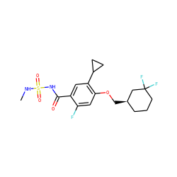 CNS(=O)(=O)NC(=O)c1cc(C2CC2)c(OC[C@@H]2CCCC(F)(F)C2)cc1F ZINC000261162448