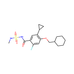 CNS(=O)(=O)NC(=O)c1cc(C2CC2)c(OCC2CCCCC2)cc1F ZINC000216242286
