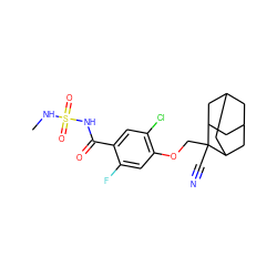 CNS(=O)(=O)NC(=O)c1cc(Cl)c(OCC2(C#N)C3CC4CC(C3)CC2C4)cc1F ZINC000216255502