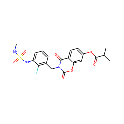 CNS(=O)(=O)Nc1cccc(Cn2c(=O)oc3cc(OC(=O)C(C)C)ccc3c2=O)c1F ZINC000653863013