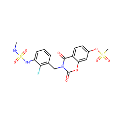 CNS(=O)(=O)Nc1cccc(Cn2c(=O)oc3cc(OS(C)(=O)=O)ccc3c2=O)c1F ZINC000653862885