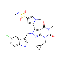 CNS(=O)(=O)c1cc(-c2c3c(=O)n(C)c(=O)n(CC4CC4)c3nn2Cc2c[nH]c3ccc(Cl)cc23)n(C)c1 ZINC000001491399