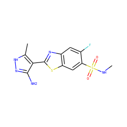 CNS(=O)(=O)c1cc2sc(-c3c(N)n[nH]c3C)nc2cc1F ZINC000114399550