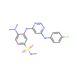 CNS(=O)(=O)c1ccc(N(C)C)c(Nc2cc(Nc3ccc(Cl)cc3)ncn2)c1 ZINC000204194931
