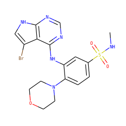 CNS(=O)(=O)c1ccc(N2CCOCC2)c(Nc2ncnc3[nH]cc(Br)c23)c1 ZINC000204875545