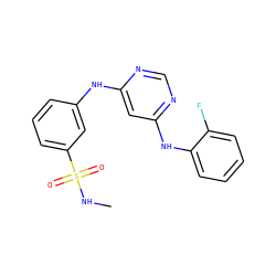 CNS(=O)(=O)c1cccc(Nc2cc(Nc3ccccc3F)ncn2)c1 ZINC000198457966