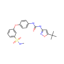 CNS(=O)(=O)c1cccc(Oc2ccc(NC(=O)Nc3cc(C(C)(C)C)on3)cc2)c1 ZINC000040896356