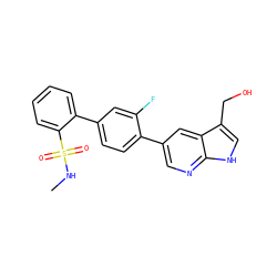 CNS(=O)(=O)c1ccccc1-c1ccc(-c2cnc3[nH]cc(CO)c3c2)c(F)c1 ZINC000224842889