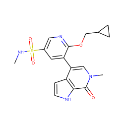 CNS(=O)(=O)c1cnc(OCC2CC2)c(-c2cn(C)c(=O)c3[nH]ccc23)c1 ZINC000146776814