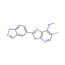 CNc1c(Br)cnc2[nH]c(-c3ccc4[nH]ncc4c3)nc12 ZINC000084602256