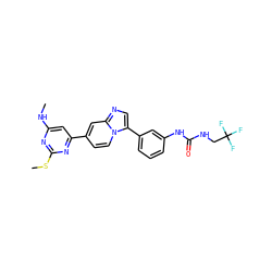 CNc1cc(-c2ccn3c(-c4cccc(NC(=O)NCC(F)(F)F)c4)cnc3c2)nc(SC)n1 ZINC000169704682