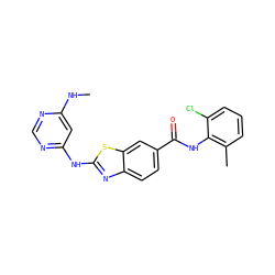 CNc1cc(Nc2nc3ccc(C(=O)Nc4c(C)cccc4Cl)cc3s2)ncn1 ZINC000013536641