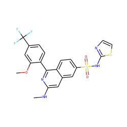 CNc1cc2cc(S(=O)(=O)Nc3nccs3)ccc2c(-c2ccc(C(F)(F)F)cc2OC)n1 ZINC000215503822