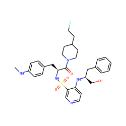 CNc1ccc(C[C@H](NS(=O)(=O)c2cnccc2N[C@H](CO)Cc2ccccc2)C(=O)N2CCC(CCF)CC2)cc1 ZINC000027184306