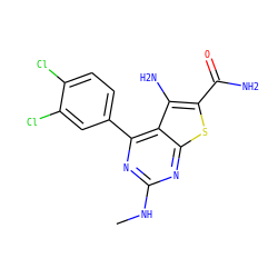 CNc1nc(-c2ccc(Cl)c(Cl)c2)c2c(N)c(C(N)=O)sc2n1 ZINC000073224544